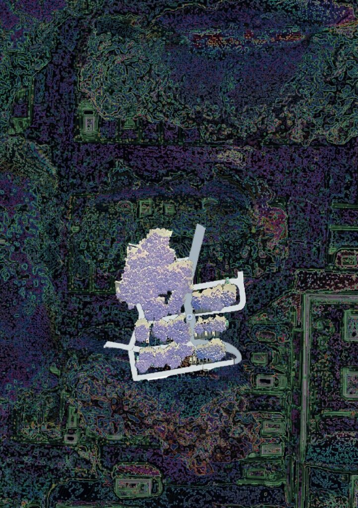 Eine Vogelperspektive auf ein Gebäudekomplex mit Parkplatz, bearbeitet mit einem Kantenerkennungsfilter (Edge Detection). Der zentrale Bereich zeigt ein helles, weißlich-beiges Gebäude mit umliegenden Wegen und einem Parkplatz (erkennbar am „P"-Symbol).